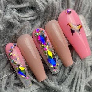 Long coffin press on nails rhinestones glitter ombré butterfly handmade custom